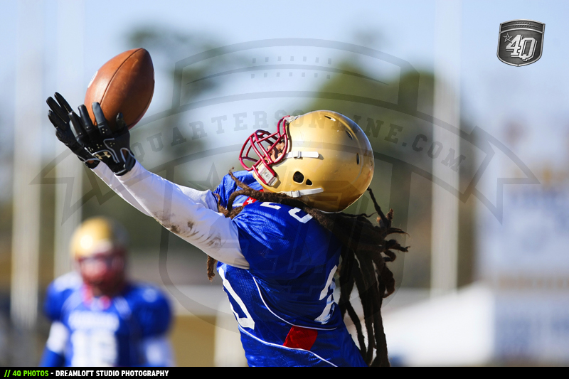 Florida All-Star DB Devyn Hardy of Florida High reaches out to defend a Georgia pass attempt